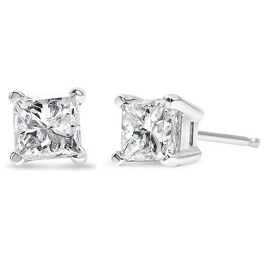 AGS Certified Princess-Cut Square Diamond 4-Prong Solitaire Stud Earrings in 14K Yellow Gold (L-M Color, SI1-SI2 Clarity)